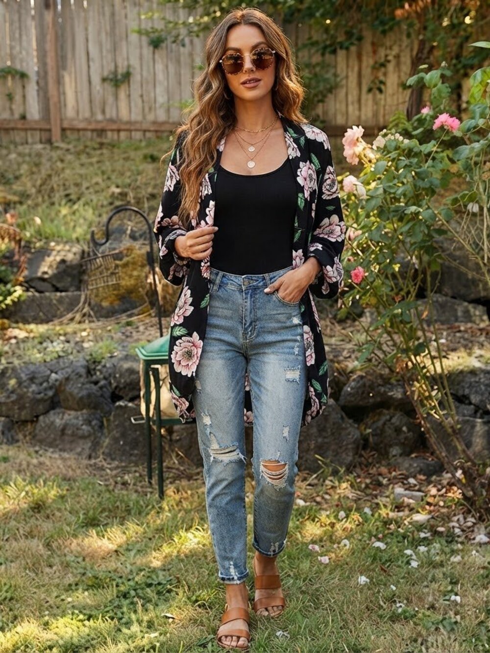 Everly - Open-Front Cardigan Kimono Wrap Shrug | Medium | Black & Pink Floral
